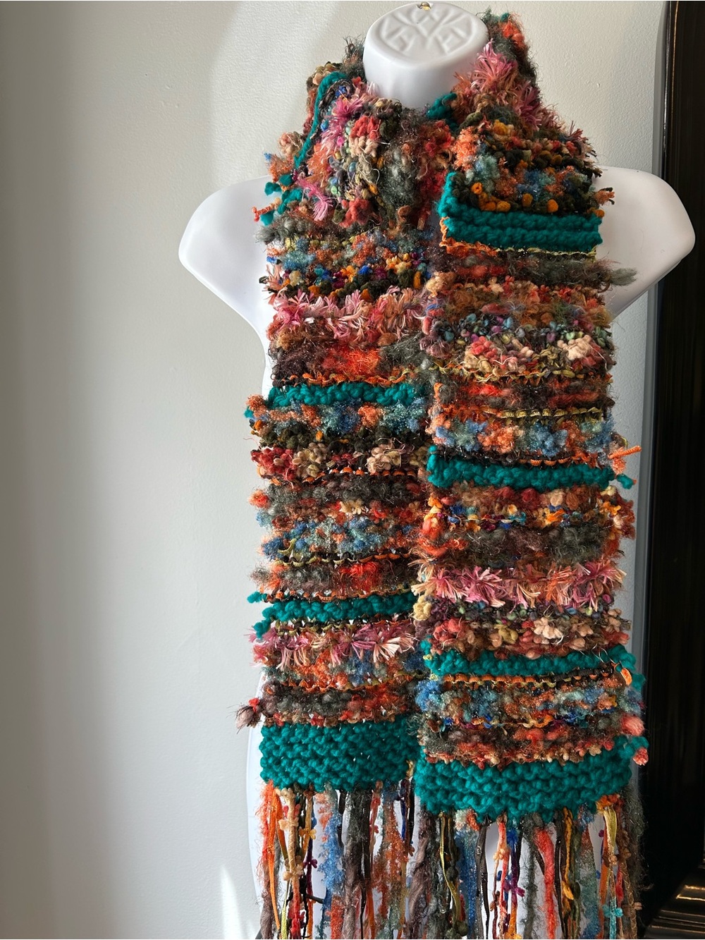 Handmade Multicolor Textured Knit Scarf - Turquoise & Earth Tones